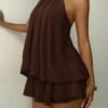 Coffee Brown Backless Halter Mini Dress