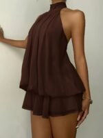 Coffee Brown Backless Halter Mini Dress