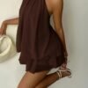 Coffee Brown Backless Halter Mini Dress