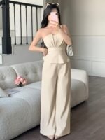 Women's Solid Color Bandeau Waist Cincher Ruffled 2-Piece Outfit