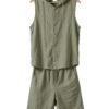 Men's Hooded Sleeveless Button-Up Shirt & Drawstring Shorts Linen 2-Piece Set