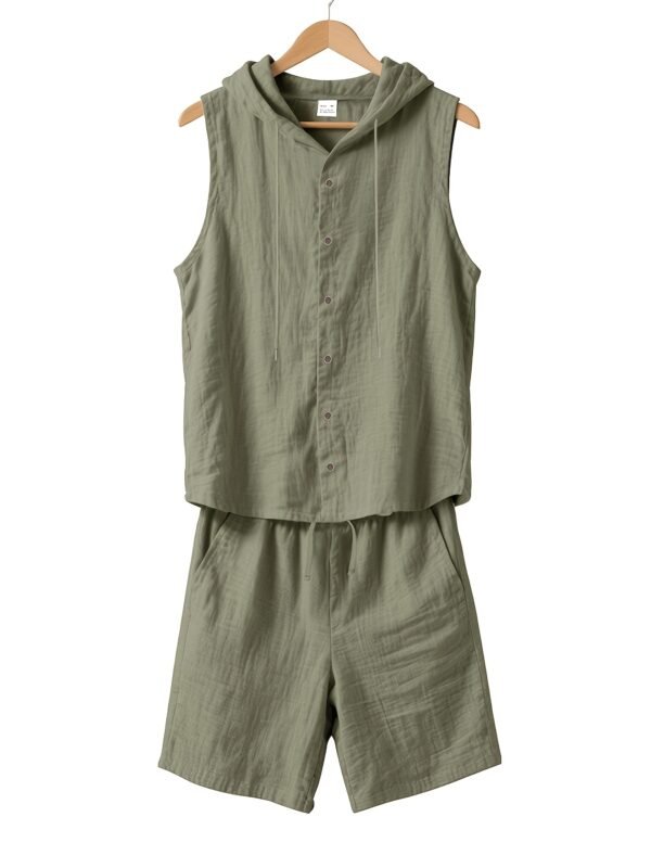 Men's Hooded Sleeveless Button-Up Shirt & Drawstring Shorts Linen 2-Piece Set
