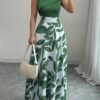 Green Leaf Print Pocketed A-Line Maxi Dress