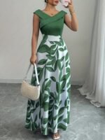 Green Leaf Print Pocketed A-Line Maxi Dress