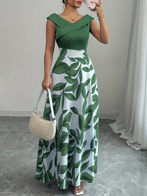 Green Leaf Print Pocketed A-Line Maxi Dress