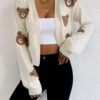Women's Cute Bear Design Ribbed Cardigan