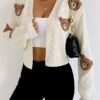 Women's Cute Bear Design Ribbed Cardigan
