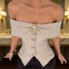 Off-Shoulder Blouse with Metallic Button Detail