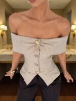0bf7f654767e0a2d8ead8ac871db8b99.jpg Off-Shoulder Blouse with Metallic Button Detail