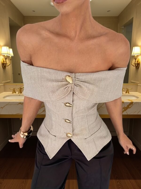 Off-Shoulder Blouse with Metallic Button Detail
