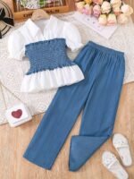 Girls' Spring & Summer Bubble Sleeve Collared Top and Wide-Leg Pants 2-Piece Set