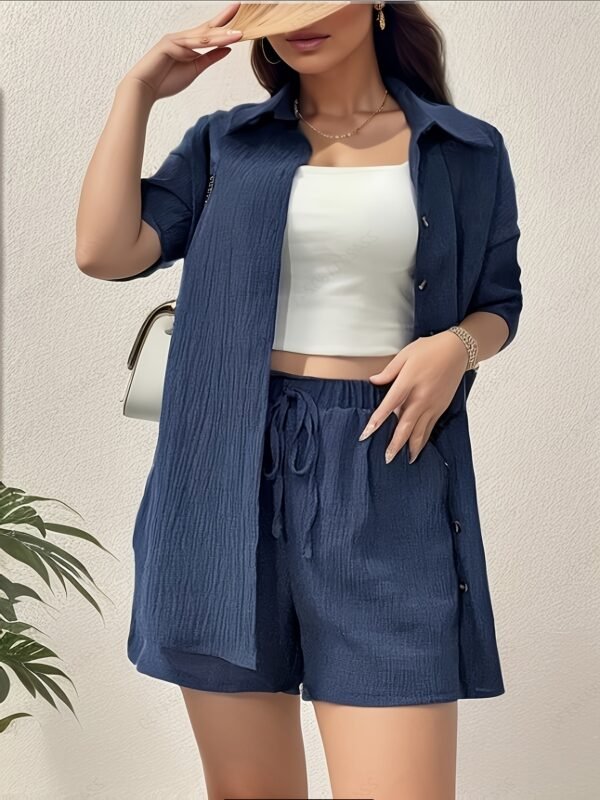 14251c86-1137-435b-ae81-56f4323c9109.jpg Navy Short Sleeve Cardigan & Shorts Set
