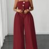 Burgundy Belted Wide-Leg Palazzo Pants