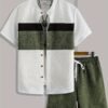 Men's Summer Stand Collar Color Block Shirt & Drawstring Shorts 2-Piece Set – Green & White