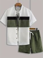 1a402827-18a5-4e79-9607-fb987e02f58e.jpg Men's Summer Stand Collar Color Block Shirt & Drawstring Shorts 2-Piece Set – Green & White