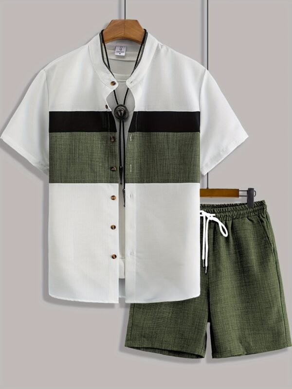 Men's Summer Stand Collar Color Block Shirt & Drawstring Shorts 2-Piece Set – Green & White
