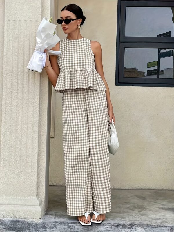 1c8a1051-83ce-4ae0-84a3-1bbda7860620.jpg Women's Stylish Gingham Two - Piece Set: Sleeveless Peplum Top & Wide - Leg Trousers