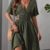 Olive Green Cut-Out Waist V-Neck Dress