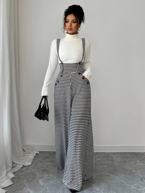 Houndstooth Wide-Leg Suspender Jumpsuit