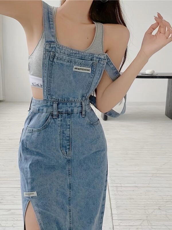 230cc940-bdb5-46d6-802e-582b3676fb17.jpg Women's Retro Denim Fringe Split Skirt with Suspender Detail