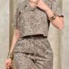 Men's Summer Leaf Print Button-Up Shirt & Shorts 2-Piece Set – Coffee Brown
