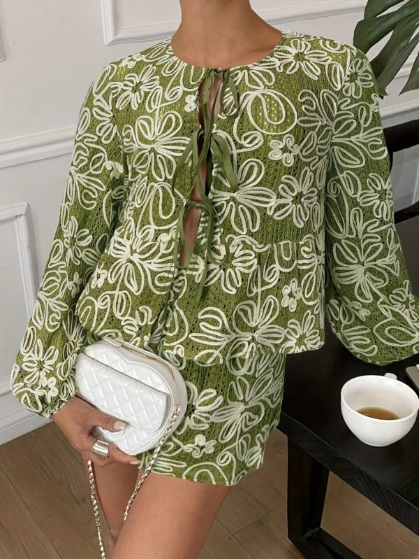 Matcha Floral Tie-Front Shirt & Shorts Set