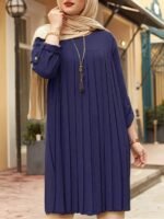 Women's Pleated Round Neck Roll-Up Sleeve Blouse