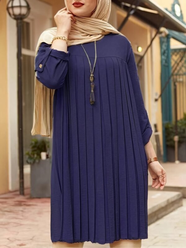 2a80790e-8aab-470c-9b03-7c6c09371566.jpg Women's Pleated Round Neck Roll-Up Sleeve Blouse