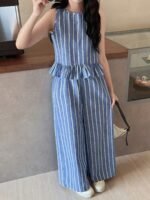 2c3ef1d9-c556-4d6a-9e3c-4981fe125bb7.jpg Blue Stripe Sleeveless Top & Straight-Leg Pants Set