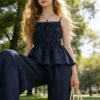 Teen Girls' Ruffled Cinched Cami Top & Wide-Leg Trousers 2-Piece Set – Navy