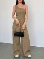 Women's Off-Shoulder Sleeveless Striped Pantsuit Set – Khaki