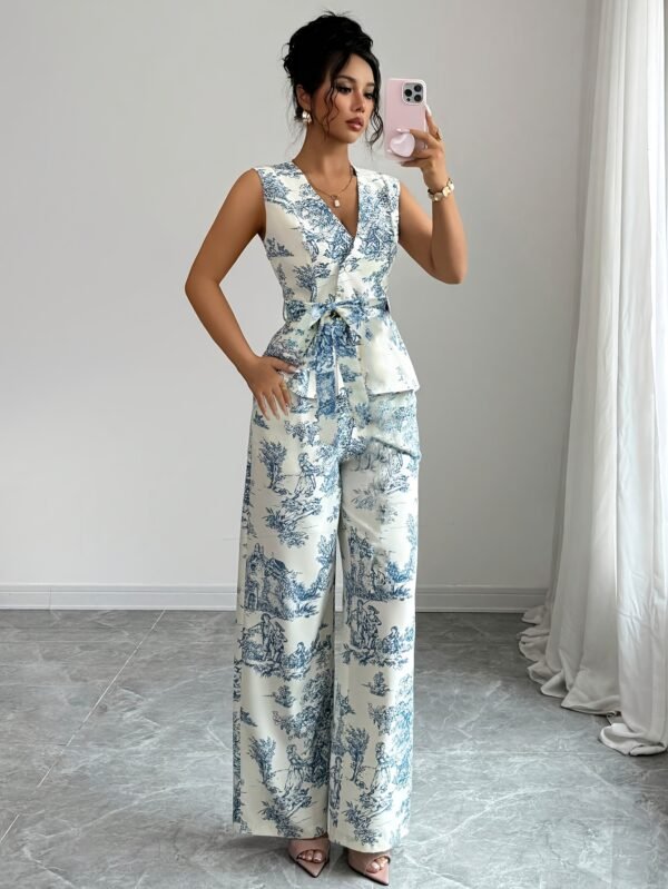 Printed V-Neck Top & Wide-Leg Pants Set