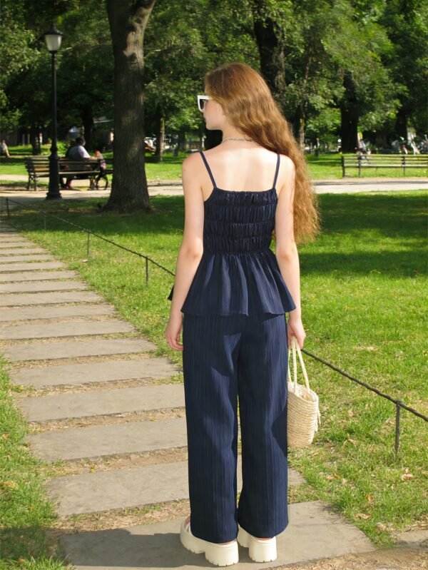 Teen Girls' Ruffled Cinched Cami Top & Wide-Leg Trousers 2-Piece Set – Navy