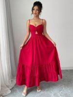 Deep V-Neck Hollow-Out Flowing Maxi Dress