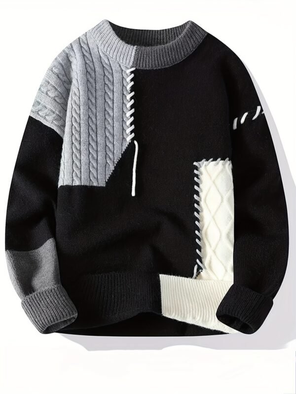 Men's Color-Block Cable Knit Round Neck Sweater