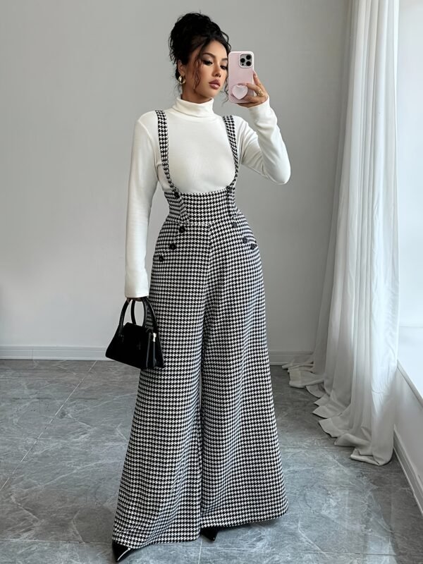Houndstooth Wide-Leg Suspender Jumpsuit