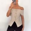 Off-Shoulder Blouse with Metallic Button Detail