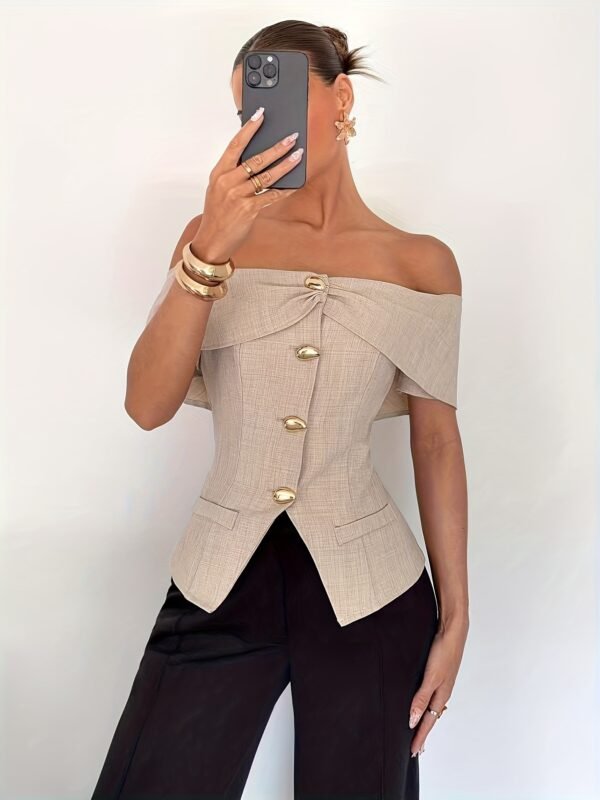 Off-Shoulder Blouse with Metallic Button Detail