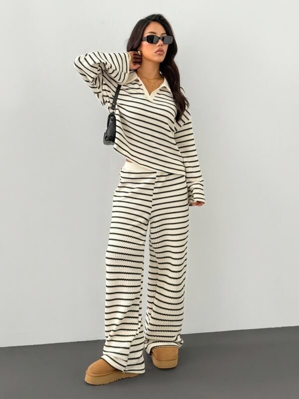 46eed596-b1fa-41c5-af5d-51733b03405c.jpg Women's Striped V-Neck Long Sleeve Top & Elastic Waist Pants 2-Piece Set