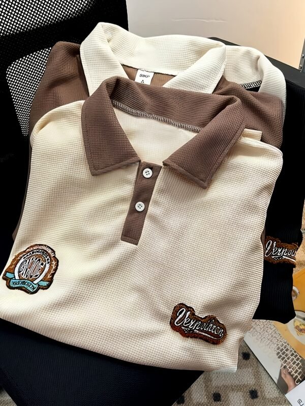 Men's Vintage Waffle Long Sleeve Polo Shirt with Contrast Collar