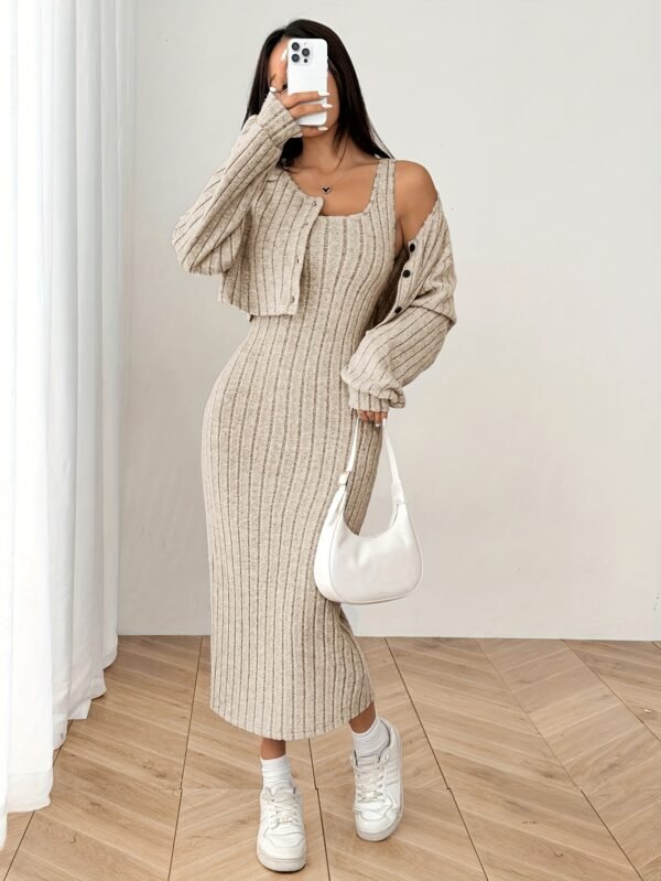 496001df-e474-46c4-860f-d4d1f64c3dec.jpg Autumn Cardigan Long Sleeve Short Top And Dress Set