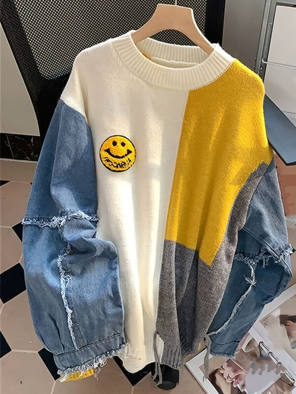 Women's Color-Block Denim Patchwork Pullover Cardigan
