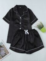 Women's Satin Button-Up Top with Elastic Waistband black colour