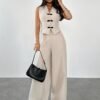 Contrast Button Tank Top & Wide-Leg Pants Set