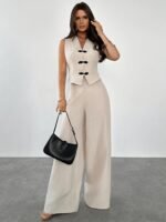 Contrast Button Tank Top & Wide-Leg Pants Set