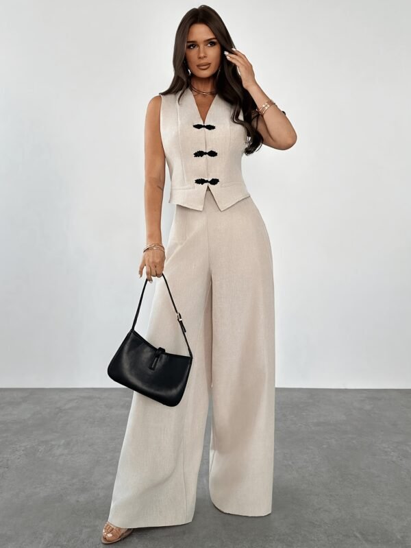 Contrast Button Tank Top & Wide-Leg Pants Set