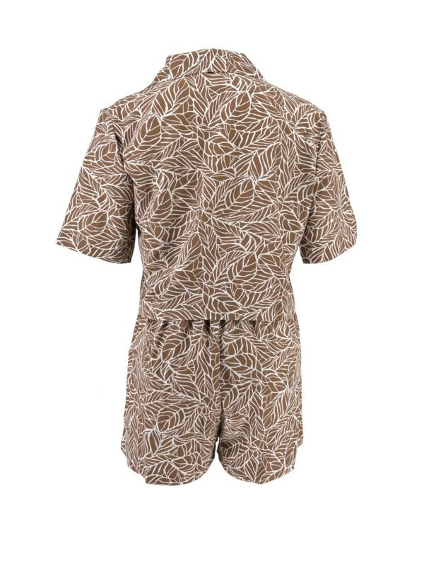 Men's Summer Leaf Print Button-Up Shirt & Shorts 2-Piece Set – Coffee Brown