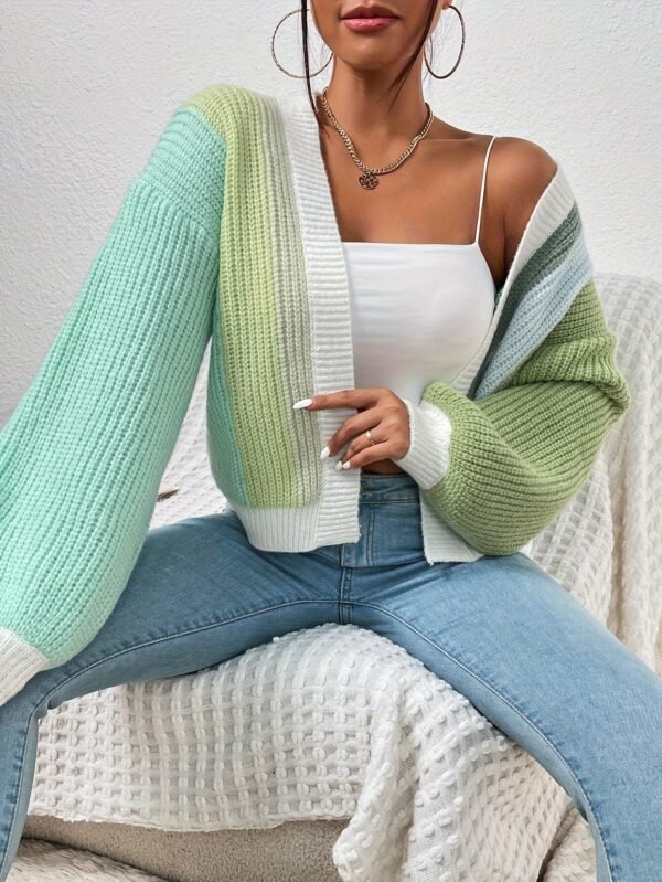Women's Color-Block V-Neck Long Sleeve Sweater Cardigan