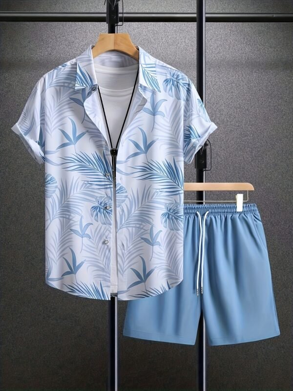 Men's Summer Printed Collared Shirt & Drawstring Shorts Set