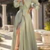 V-Neck Lantern Sleeve Belted Maxi Dress